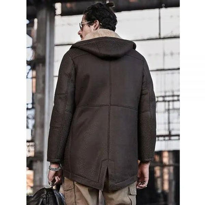 Men's Hooded Shearling Leather Long Trench Coat - Leather Loom