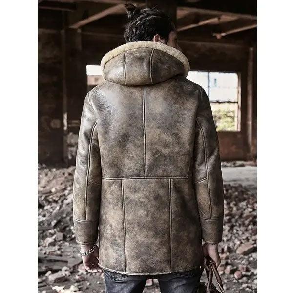 Sheepskin Coat Long Leather Jacket Hooded Fur Coat Thick Mens Winter Coats - Leather Loom