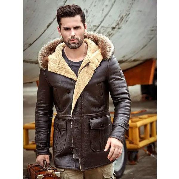 Men's Bomber Hooded Mink Fur Shearling Leather Long Jacket Coat - Leather Loom
