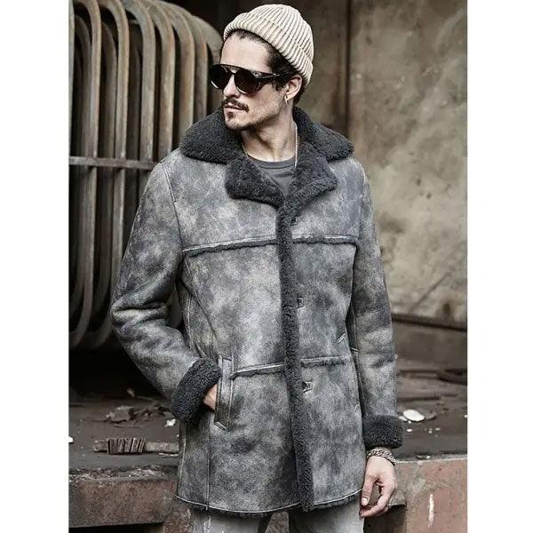 Men's Hunting Leather Shearling Bomber Trench Coat - Leather Loom