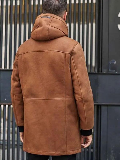 Brown Sheepskin Shearling Fur Hooded Outwear Winter Overcoat Leather Jacket - Leather Loom