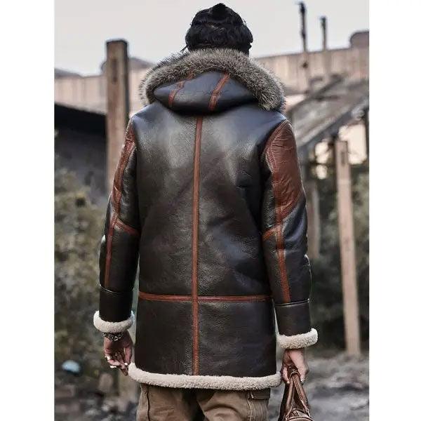 Men's Hooded Bomber Shearling Leather Jacket Trench Coat - Leather Loom
