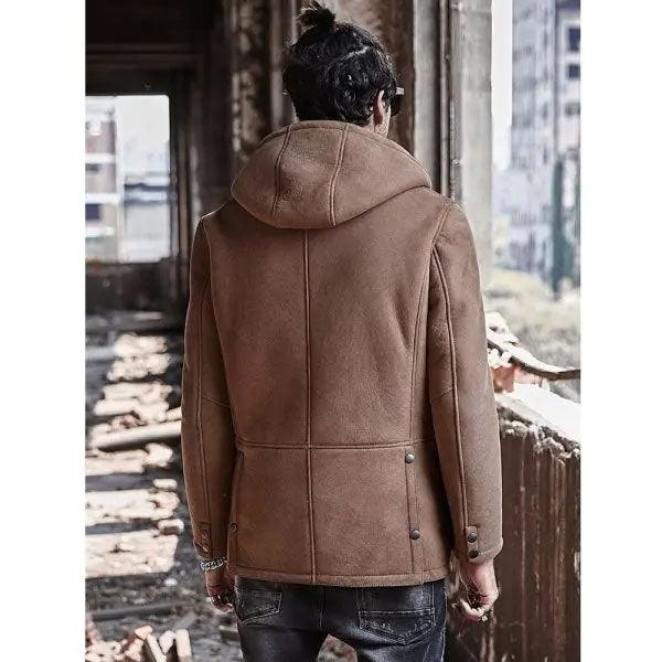 Men's Shearling Hooded Suede Leather Bomber Long Jacket Trench Coat - Leather Loom