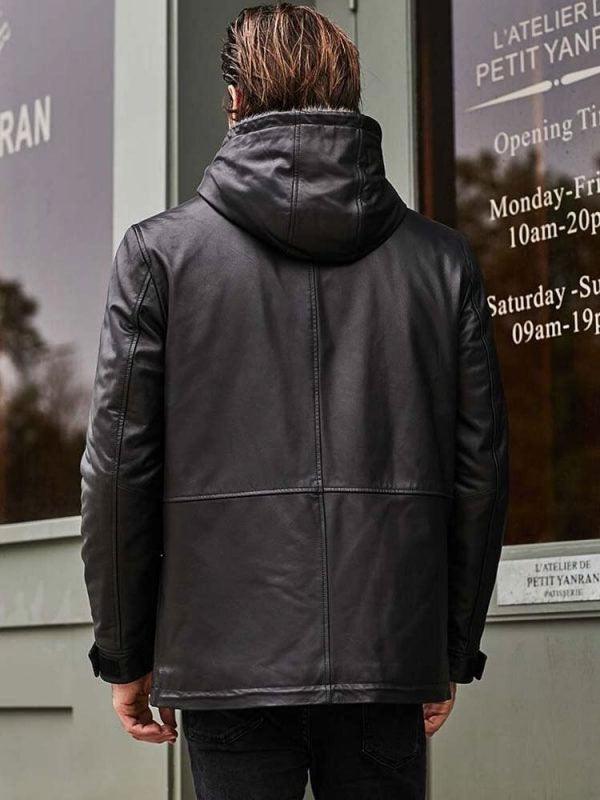 Fur Overcoat Black Leather Jacket Hooded Winter Outerwear - Leather Loom