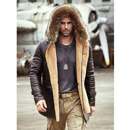 Men's Bomber Hooded Mink Fur Shearling Leather Long Jacket Coat - Leather Loom