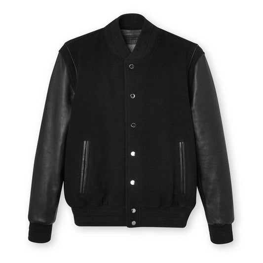 Men Black Varsity Leather Bomber Jacket - Leather Loom