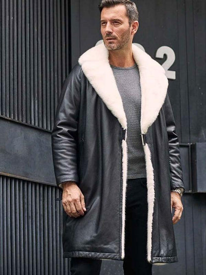 Men's Winter Shearling Fur Black Leather Long Trench Coat Outerwear - Leather Loom