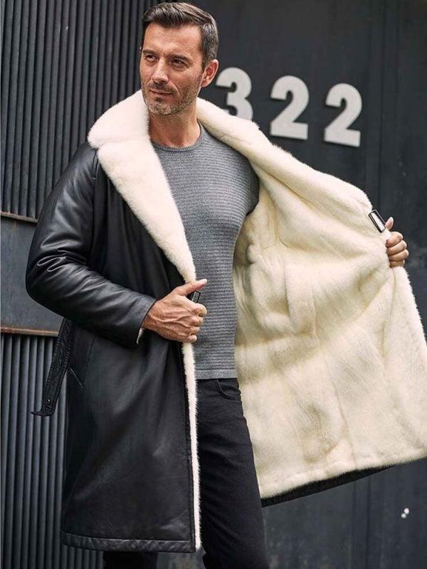 Men's Winter Shearling Fur Black Leather Long Trench Coat Outerwear - Leather Loom