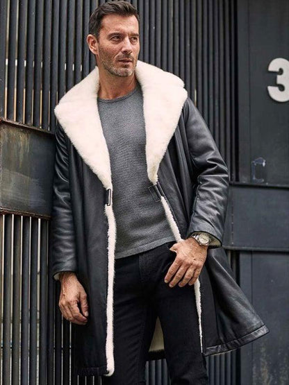 Men's Winter Shearling Fur Black Leather Long Trench Coat Outerwear - Leather Loom