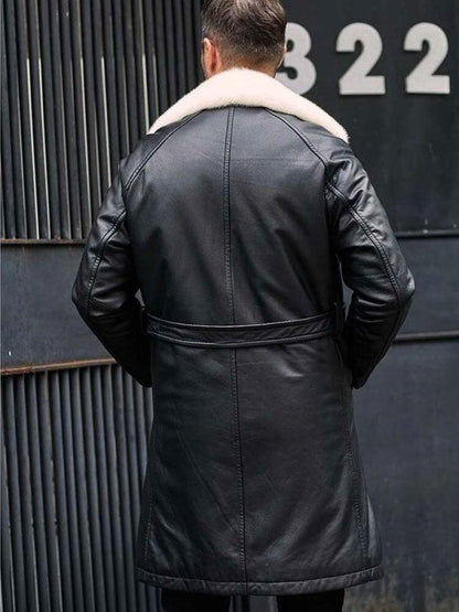 Men's Winter Shearling Fur Black Leather Long Trench Coat Outerwear - Leather Loom