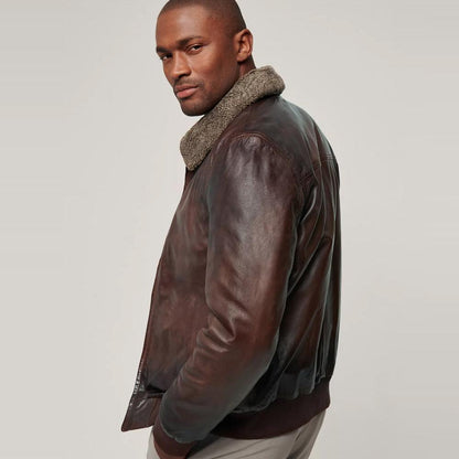 Mens Brown Waxed Sheepskin Aviator Leather Bomber Jacket - Leather Loom