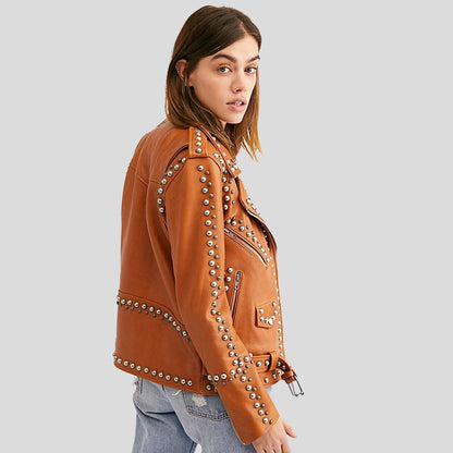 Avail Tan Studded Leather Jacket - Leather Loom