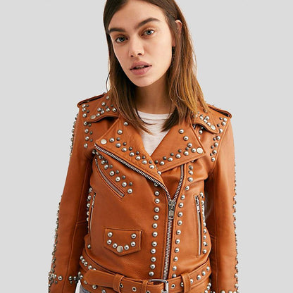 Avail Tan Studded Leather Jacket - Leather Loom