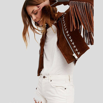 Nora Brown Studded Suede Leather Jacket Fringes - Leather Loom