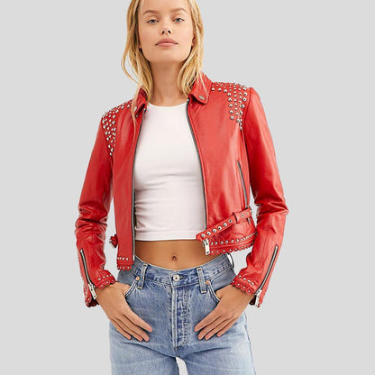 Isabel Red Studded Leather Jacket - Leather Loom