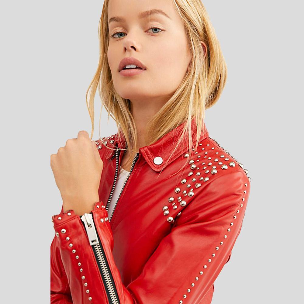 Isabel Red Studded Leather Jacket - Leather Loom