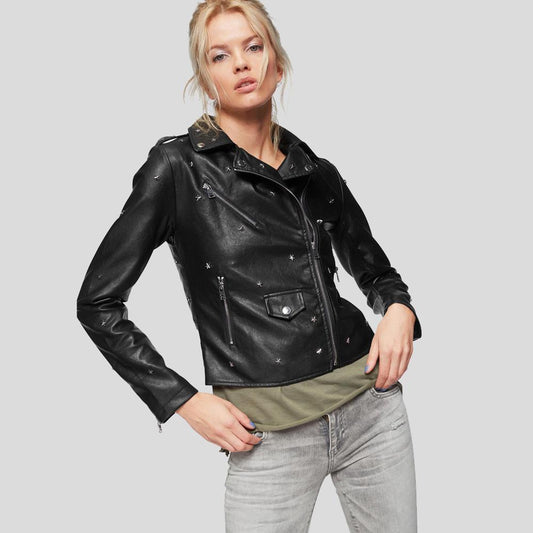 Isla Black Studded Leather Jacket - Leather Loom