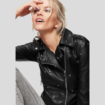 Isla Black Studded Leather Jacket - Leather Loom