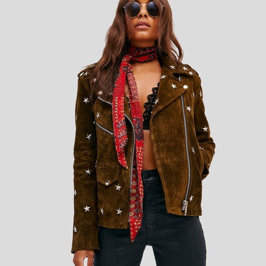 Melody Brown Studded Suede Leather Jacket - Leather Loom