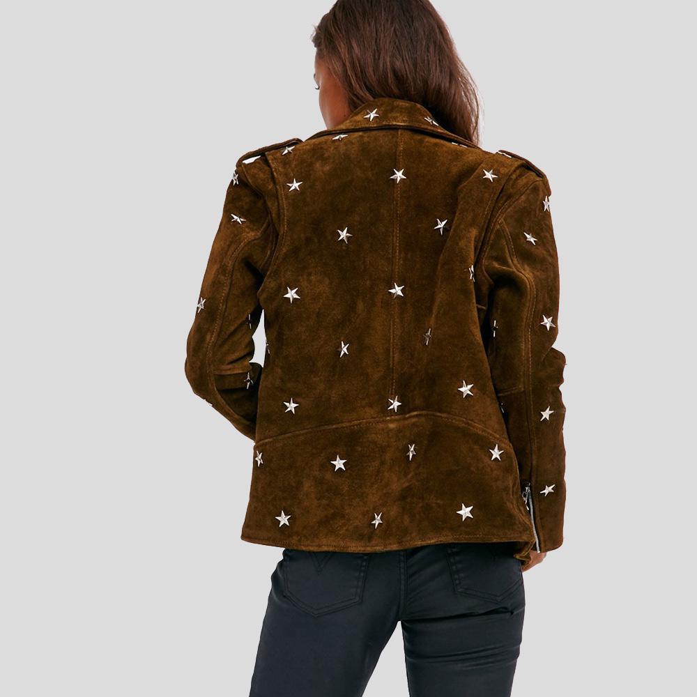 Melody Brown Studded Suede Leather Jacket - Leather Loom