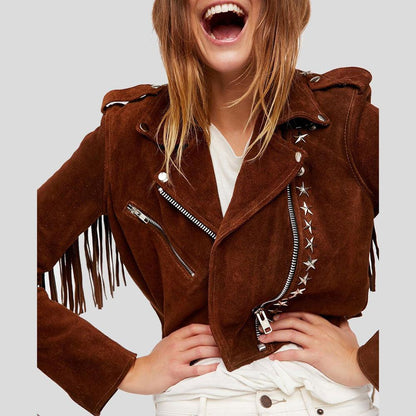 Nora Brown Studded Suede Leather Jacket Fringes - Leather Loom