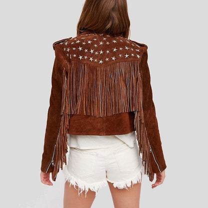 Nora Brown Studded Suede Leather Jacket Fringes - Leather Loom