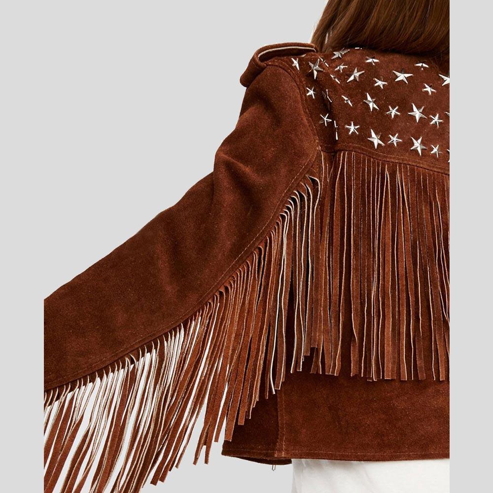 Nora Brown Studded Suede Leather Jacket Fringes - Leather Loom
