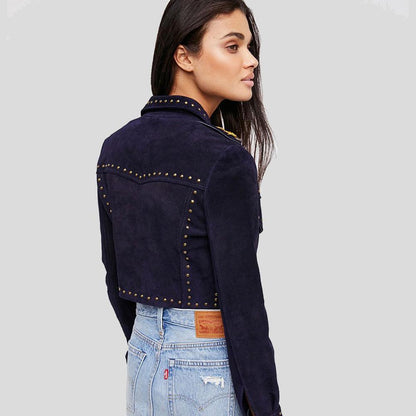 Eliza Blue Studded Suede Leather Jacket - Leather Loom