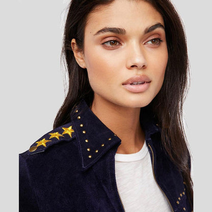 Eliza Blue Studded Suede Leather Jacket - Leather Loom