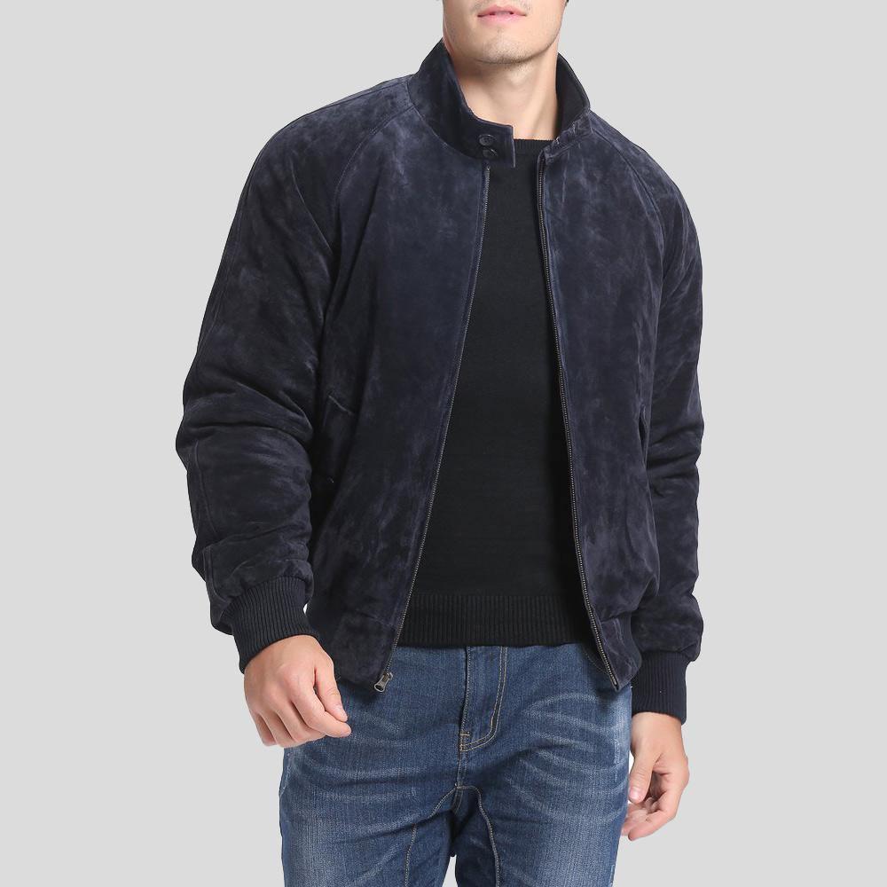 Admiral Navy Blue Suede Bomber Leather Jacket - Leather Loom