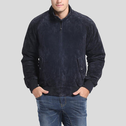 Admiral Navy Blue Suede Bomber Leather Jacket - Leather Loom