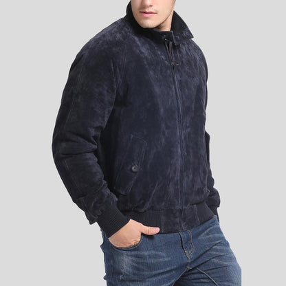 Admiral Navy Blue Suede Bomber Leather Jacket - Leather Loom