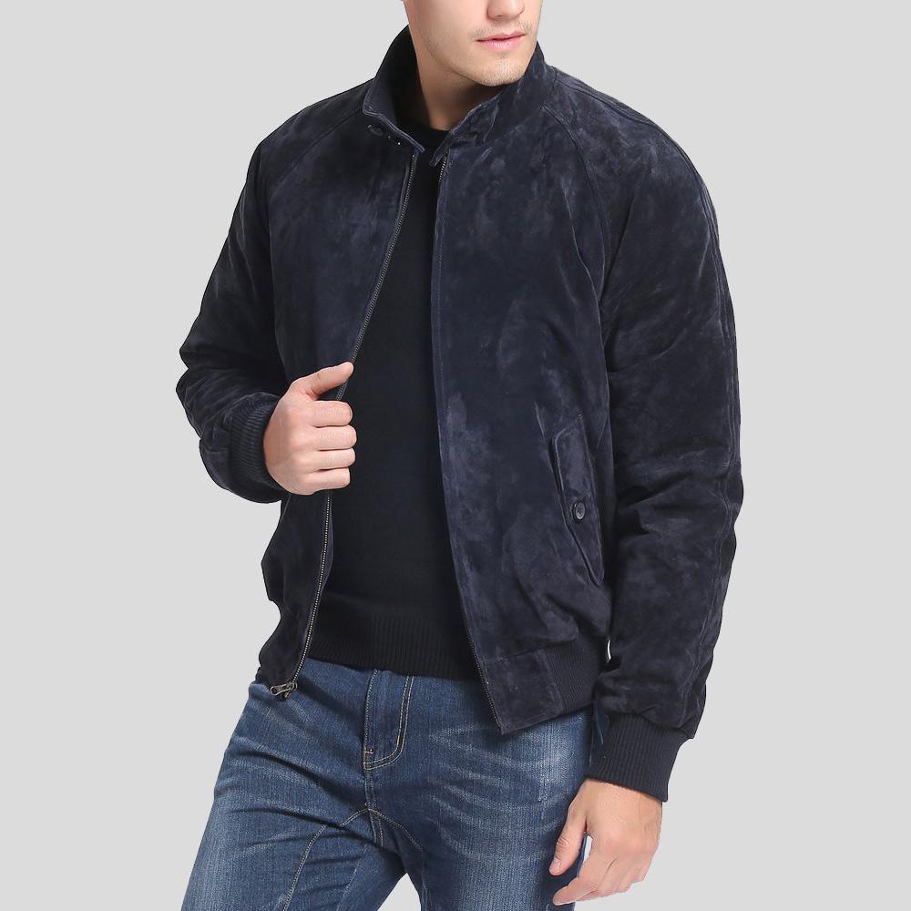Admiral Navy Blue Suede Bomber Leather Jacket - Leather Loom