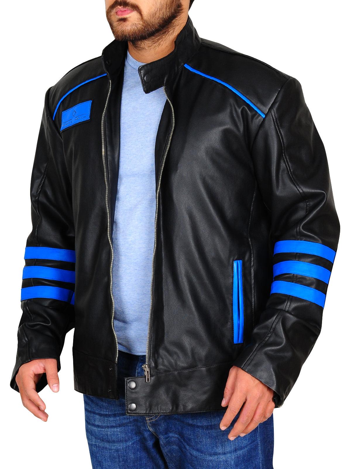 Black & Blue Biker Leather Jacket - Leather Loom