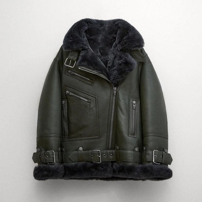 Women Green RAF Aviator Styled Lambskin Black Shearling Leather Jacket - Leather Loom