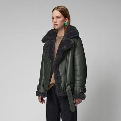 Women Green RAF Aviator Styled Lambskin Black Shearling Leather Jacket - Leather Loom