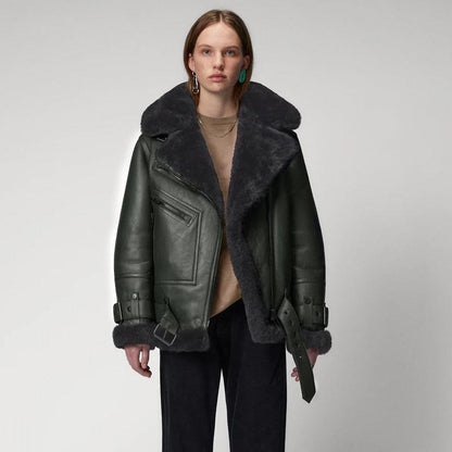 Women Green RAF Aviator Styled Lambskin Black Shearling Leather Jacket - Leather Loom