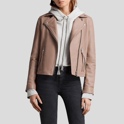 Emily Beige Motorcycle Leather Jacket - Leather Loom