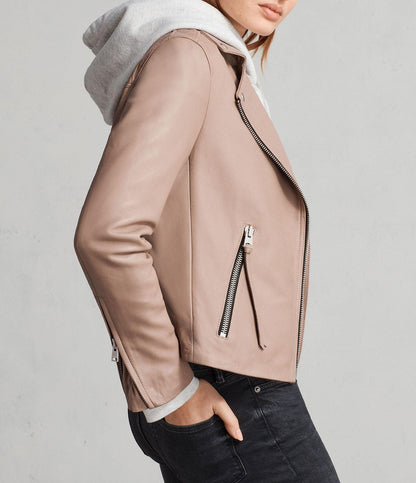 Emily Beige Motorcycle Leather Jacket - Leather Loom